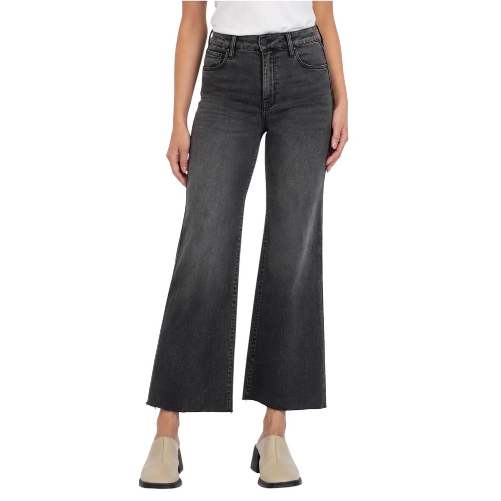 KUT From The Kloth Meg Fab Ab Faded Black High Rise Raw Hem Wide Leg Jeans Size8